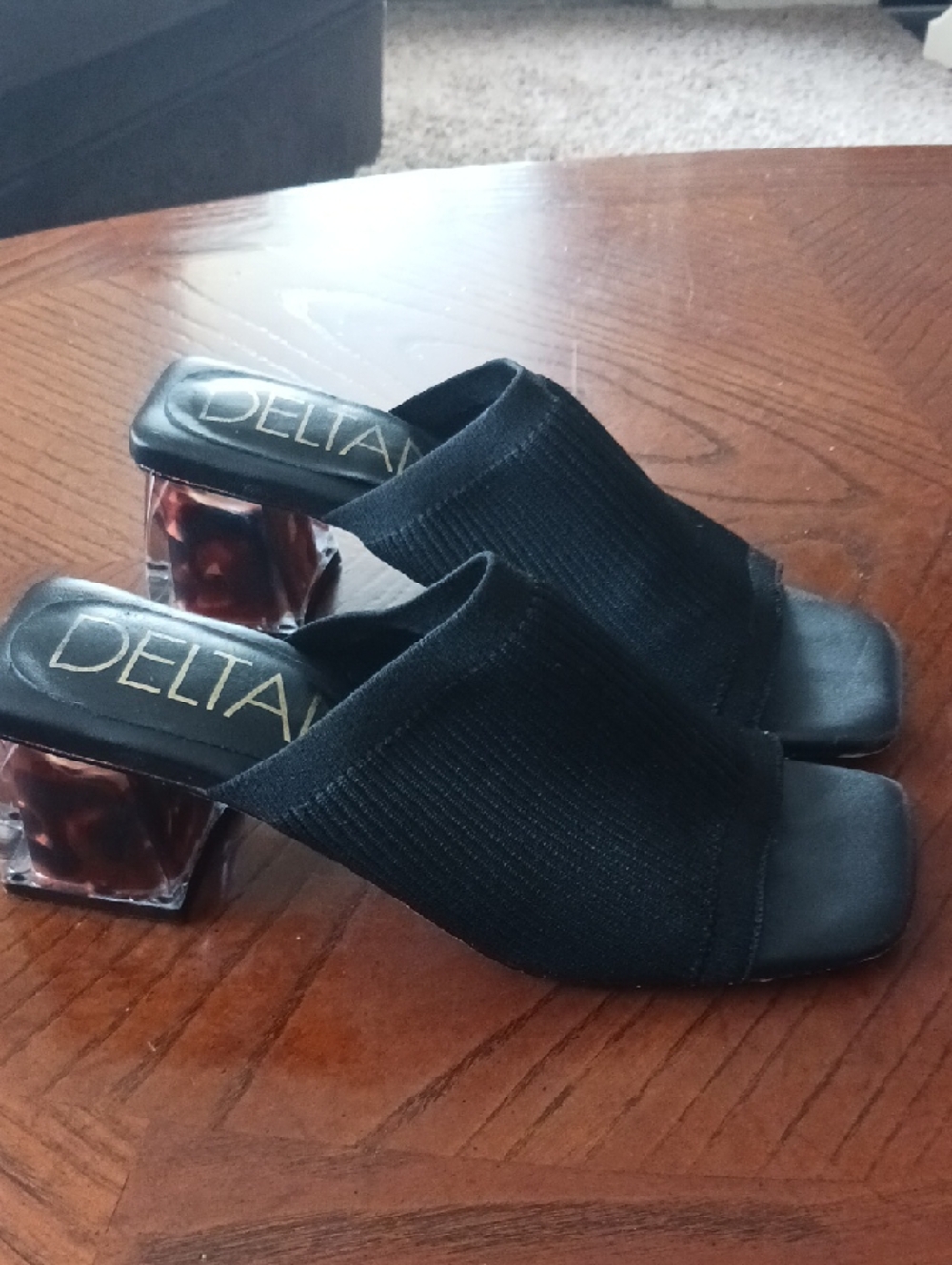 Delta Black Knit Open-Toe Mule with Tortoiseshell-Look Block Heel